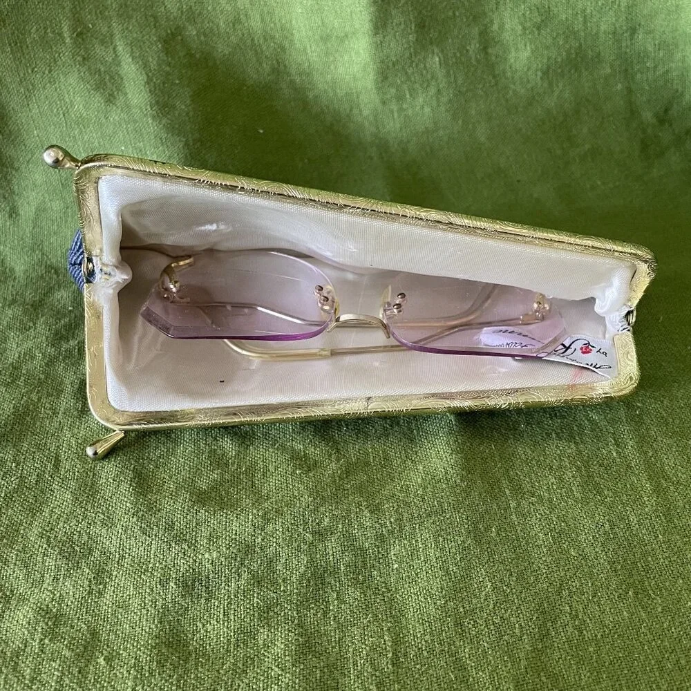 70s Vintage Navy Blue Denim & Gold Kisslock Eyeglass Case With Brass Studs